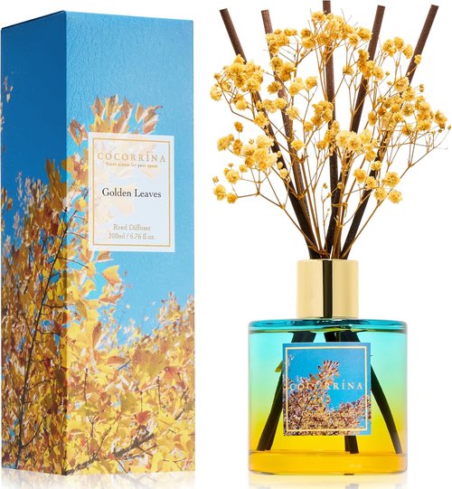 Cocorrína Reed Diffuser - Golden Leaves Set with 8 Sticks & Preserved Baby's Breath | Home Decor