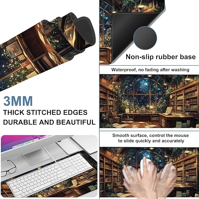 NITAHHHY an Old Library Gaming Mouse Pad 3mm Thick Stitched Edge Waterproof Non-Slip Large Computer Keyboard Mouse Mat,Suitable for Office Entertainment Decorative Desk Pad 35.4 x 15.7 Inches