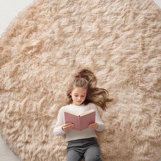 OLANLY Round Area Rug - Soft, Fluffy Beige Shag for Bedroom | 8 ft Circle Carpet for Home Decor