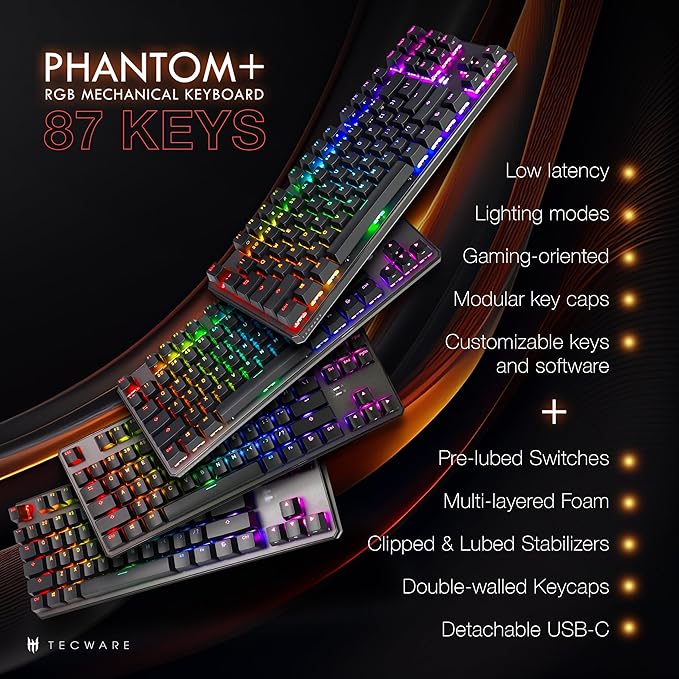 TECWARE Phantom+ 87 Mechanical Gaming Keyboard | RGB LED Backlit | Hot Swappable Wraith Red Switches | 87 Key TKL Layout | Thocky Sound Profile | Detachable USB-C Wired | Black