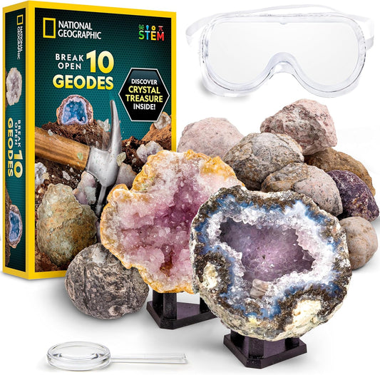 National Geographic Break Open Geodes Kit - 10 Premium Geodes with Goggles & Display Stands | Perfect STEM Science Gift for Kids