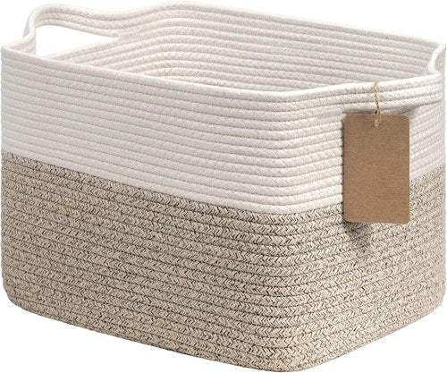 Goodpick Woven Storage Basket - Stylish Cotton Rope Organizer for Dog Toys & Books | 13 x 10 x 9 Inches, Brown & White