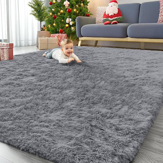 OLANLY 6x6 Area Rug - Soft, Fluffy Shaggy Design for Living Room & Bedroom | Machine Washable, Light Grey
