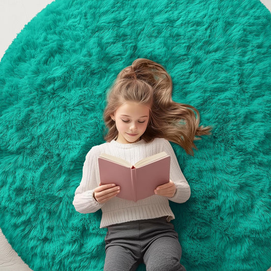 OLANLY Teal Green Round Rug - Soft, Fluffy Shaggy Carpet | 5 ft Machine Washable Area Rug for Bedrooms & Nurseries
