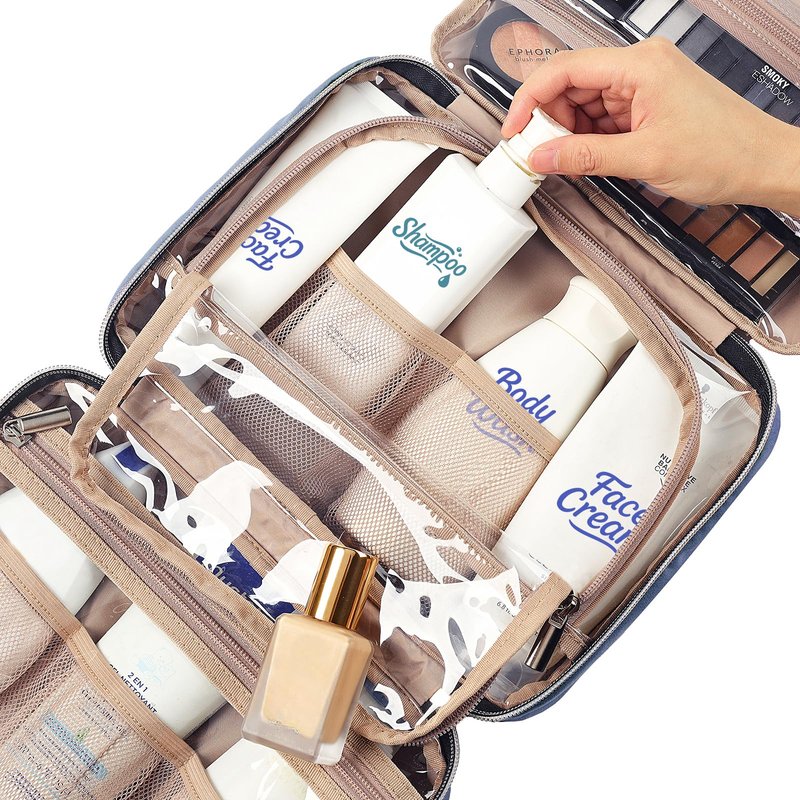 NISHEL Travel Toiletry Bag for women, Portable Hanging Organizer for Travel-Sized Shampoo, Conditioner, Brushes Set, Makeup Accessories, Medium Size, Aegean-Blue