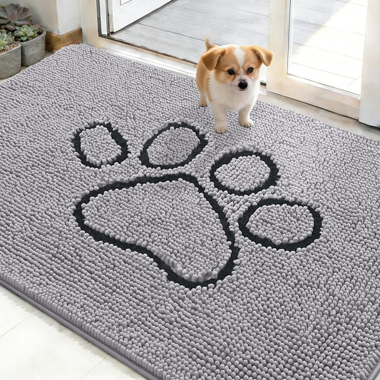 OLANLY Dog Door Mat - Absorbent Muddy Paws Doormat | Non-Slip Chenille, Quick Dry, 48x30, Light Grey