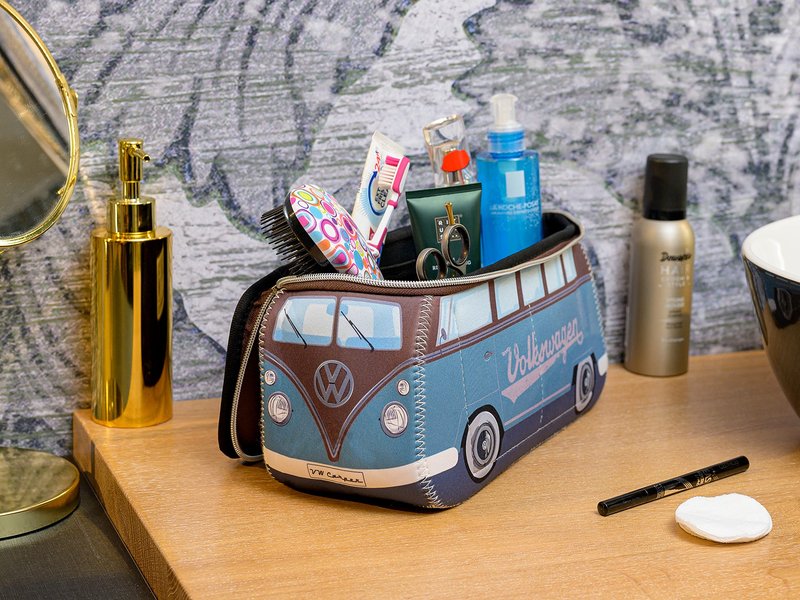 BRISA VW Collection - Volkswagen Neoprene Universal Makeup Cosmetics Toiletry Travel Pharmacy Bag in T1 Bus Design (Petrol/Brown) (Large (11.8 x 5.5 x 4.7 inches))