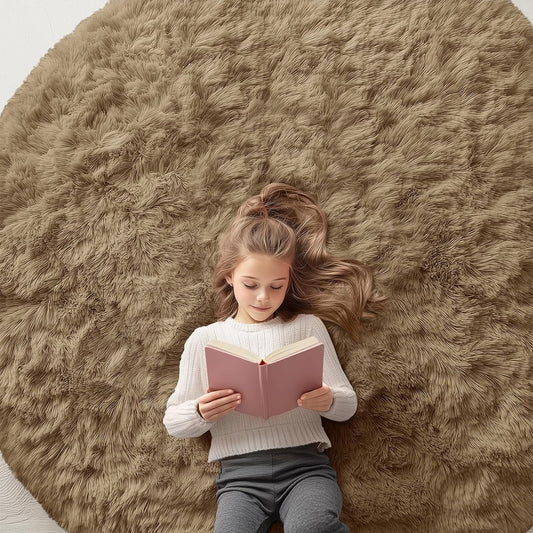OLANLY Round Taupe Area Rug - Soft & Fluffy 6 ft Machine Washable Carpet for Bedroom & Living Room Decor
