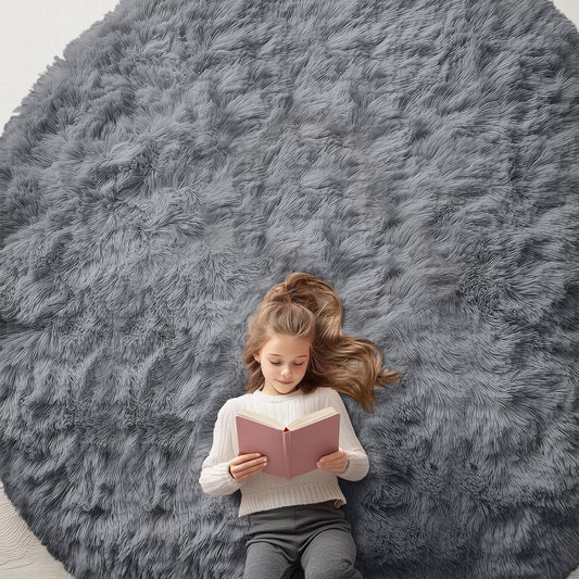 OLANLY Grey Round Area Rug - Soft, Fluffy, Machine Washable 9 ft Circle Carpet for Bedroom & Living Room Decor
