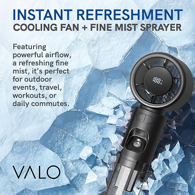 ValoInv Valo Portable Rechargeable Fan - Mini Cooling Fan for Travel, USB Desk Personal Fan with 100 Speeds, Water Cooling Technology, 50ml Tank, Quiet Operation, 2,000 mAh Battery - Titanium Gray