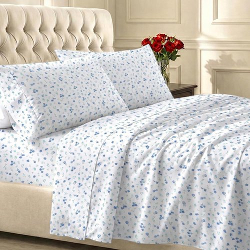 California Design Den King Size Cotton Sheet Set - 100% Soft, 400 TC, Award-Winning Sateen Finish | Floral White/Blue
