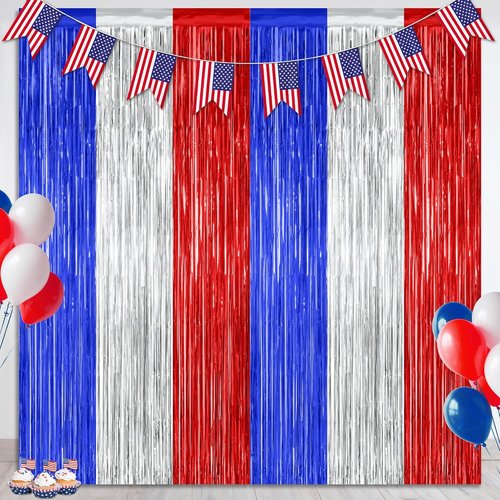 4th of July Decorations by [Brand Name] - 2 Pack Tinsel Backdrop | Red, Silver, Blue Fringe Curtains - 3.28 FT x 7.05 FT