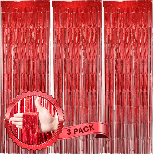 Voircoloria Laser Red Foil Fringe Backdrop Curtains - 3 Pack | Perfect for Birthday, Graduation & Party Decor