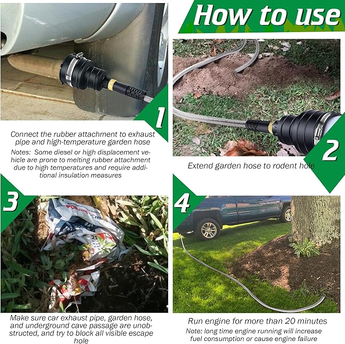 Qualirey Pest Control Exhaust Pipe Attachment with 50ft Stainless Steel Garden Hose, Transport Exhaust from Car to Underground for Killing Outdoor Rodents Such as Moles, Gophers