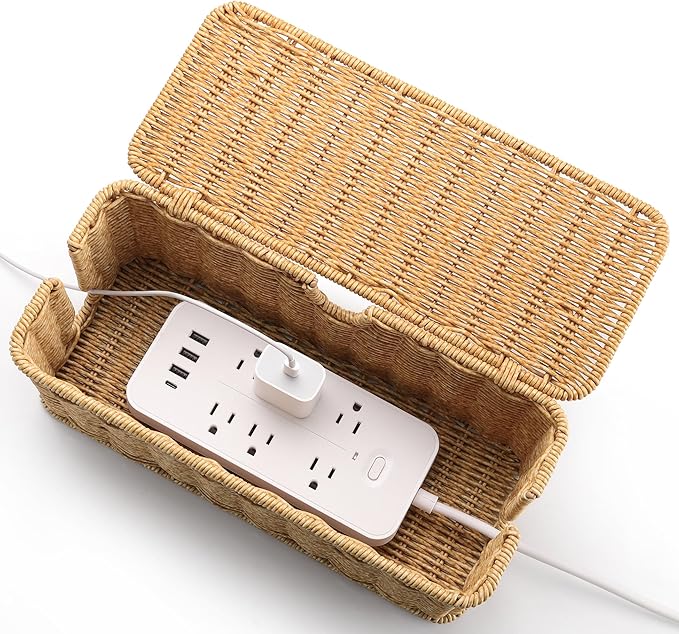 ZhiYo Rattan Cable Management Box, Brown Cord Organizer, 12.5" x 5" x 5.2"