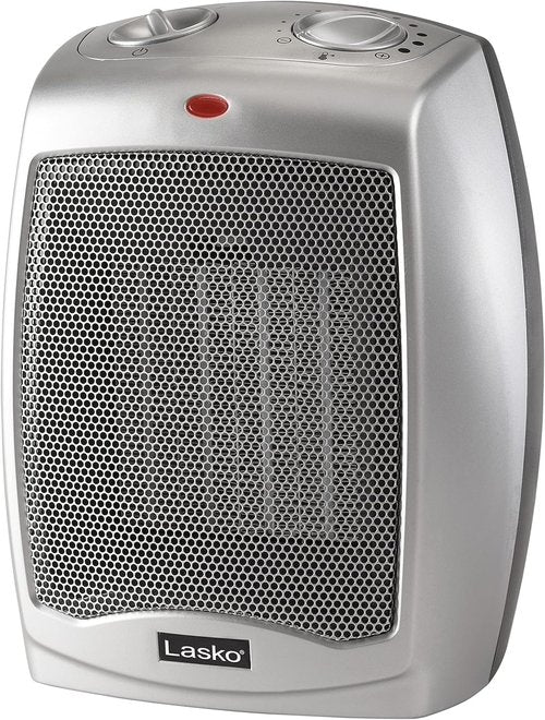 Lasko Ceramic Space Heater - Adjustable Thermostat & 2 Heat Settings | 9.2 Inches, Silver