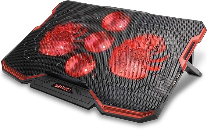 Enhance Cryogen Gaming Laptop Cooling Pad - Fits 17 in. Computer, PS4 - Adjustable Laptop Cooling Stand with 5 Quiet Cooler Fans, 2 USB Ports and LED Lighting - Slim Portable Design 2500 RPM (Red)