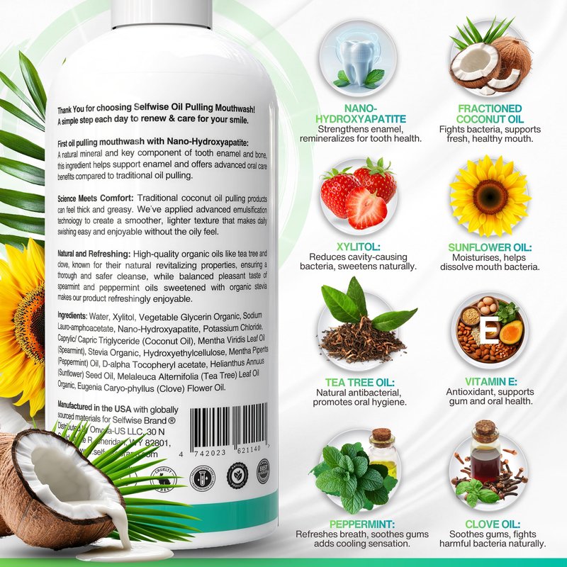 Nano-Hydroxyapatite Oil Pulling Whitening Mouthwash for Teeth and Gums, Natural & Organic, Whitens Teeth, Strengthens Enamel, Fights Bad Breath & Plaque – Smooth & Non-Greasy – for Adults - 16oz