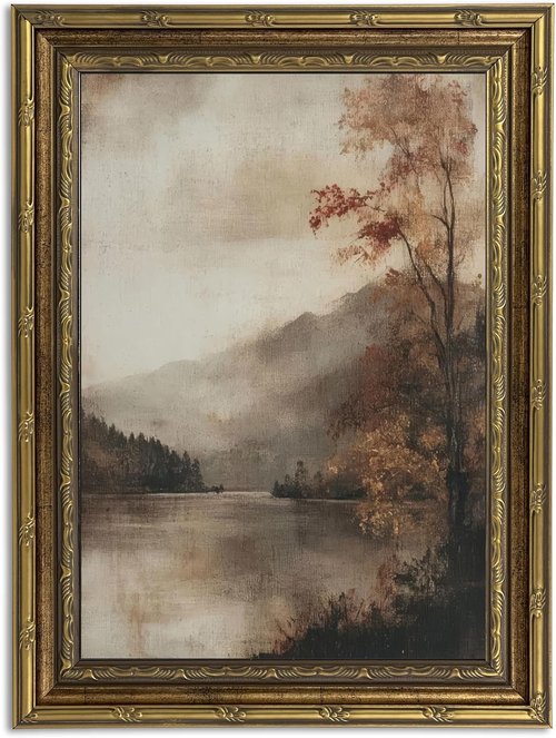Gold Framed Vintage Fall Landscape Canvas Wall Art - Rustic Lakeside Painting for Home Decor | 9x11in