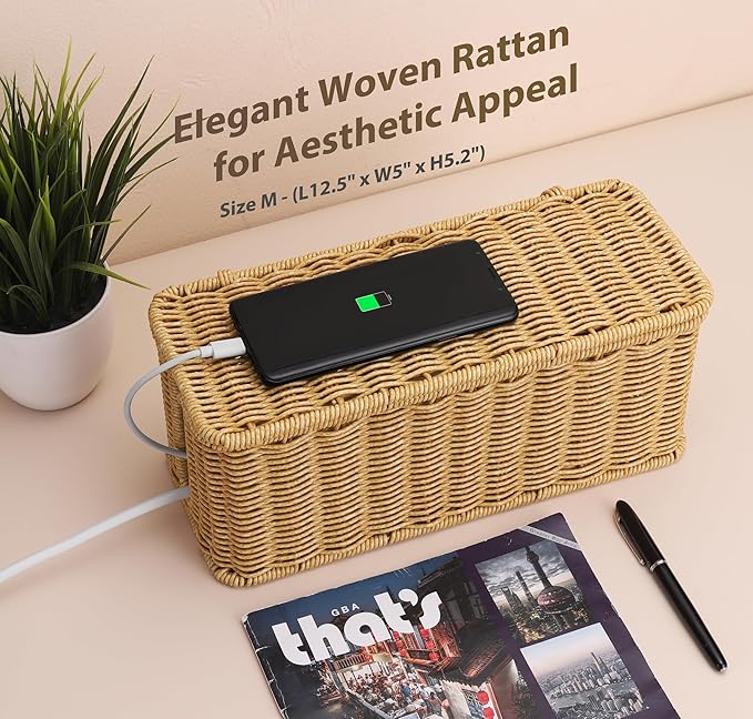 ZhiYo Rattan Cable Management Box, Black Cord Organizer, 12.5" x 5" x 5.2"