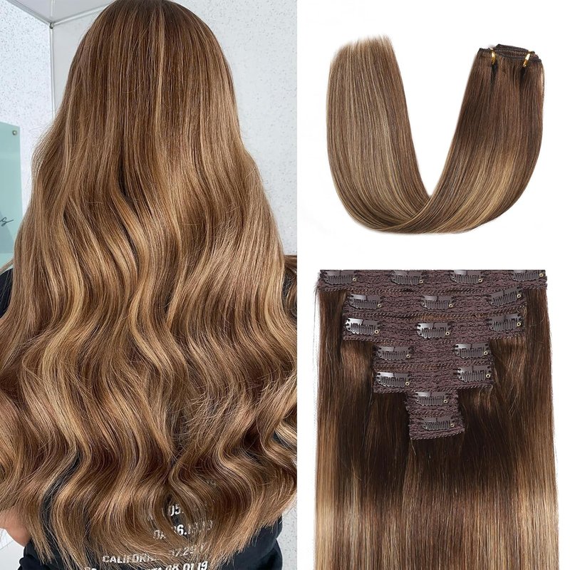Real Human Hair Clip-In Extensions - Ombre Chocolate Brown to Caramel Blonde | 14 Inch, 7pcs, 70g