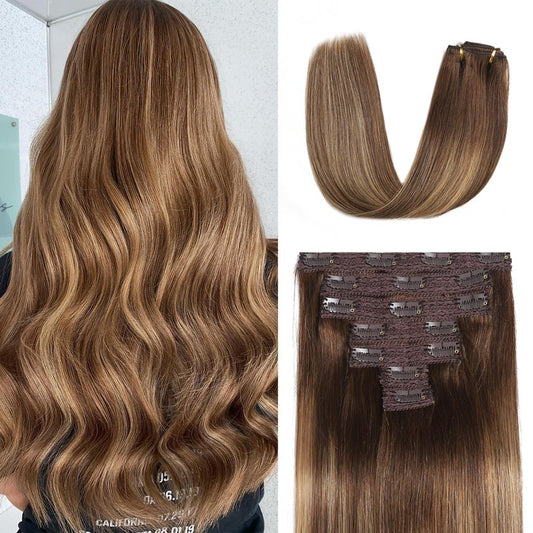 Mocona Clip in Hair Extensions Real Human Hair, 12 Inch 7pcs 70g/Pack - Ombre Chocolate Brown to Caramel Blonde, Soft Hair Extensions Real Human Hair Clip ins Straight for Women (12 Inch)