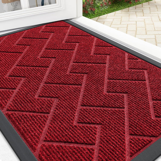 OLANLY Waterproof Front Door Mat - All-Season, Easy Clean Herringbone Design | Wine Red, 29.5x17 Inches