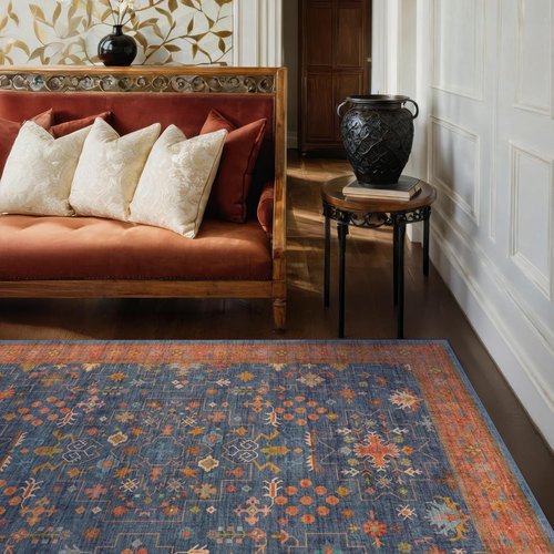 Hazo Haus Dark Blue & Terracotta 5x8 Area Rug - Machine Washable, Non-Slip, Stain Resistant for Living Room, Bedroom & Kitchen