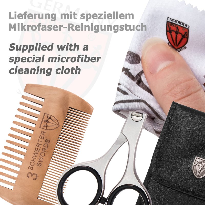 3 Swords Germany – professional BEARD MUSTACHE HAIR SCISSORS with BEARD COMB, stainless steel, straight blade, sharp, with black case