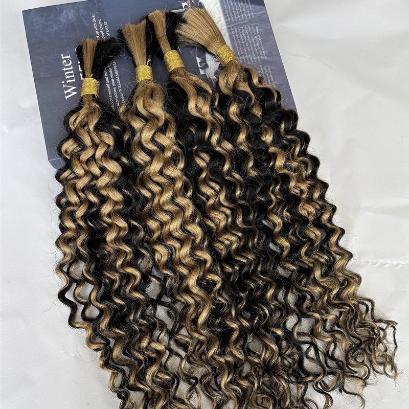 Blonde Human Braiding Hair 18 Inch Deep Water Wave Boho Human Hair for Braiding Color #24 Light Blonde Bundles 100% Burmese Human Hair for Boho Braids Two Bundles 100G Weft and Wavy Curly Bulk Hair