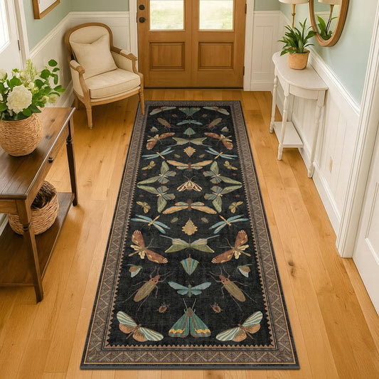 Nature Insect Fantasy | 2x6 Black Entryway Runner Rug - Washable, Non-Slip, Ultra Soft & Stain Resistant