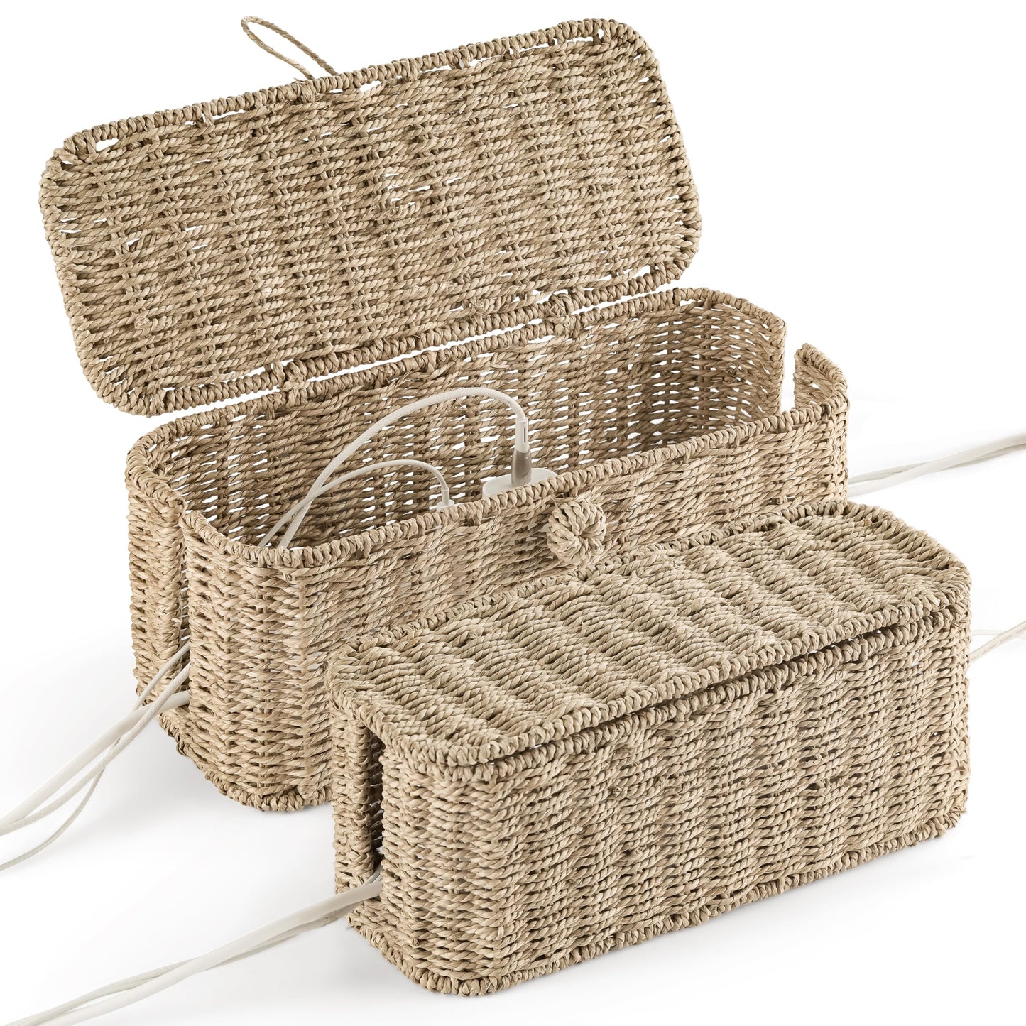 2-Pack Large Cable Management Box, Natural Rattan Cable Cord Organizer Boxes for Power Strip – 2 Open Slots Cords Hider Box for TV Wires, Computer, Router, USB Hub and Under Desk Power Strip