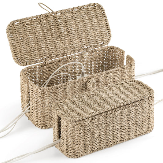 2-Pack Large Cable Management Box, Natural Rattan Cable Cord Organizer Boxes for Power Strip – 2 Open Slots Cords Hider Box for TV Wires, Computer, Router, USB Hub and Under Desk Power Strip