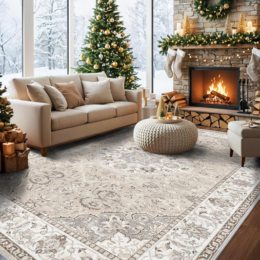 Skiennix 10x14 Washable Vintage Area Rug - Soft, Stain Resistant, Non-Slip Backing | Pet Friendly Beige Carpet