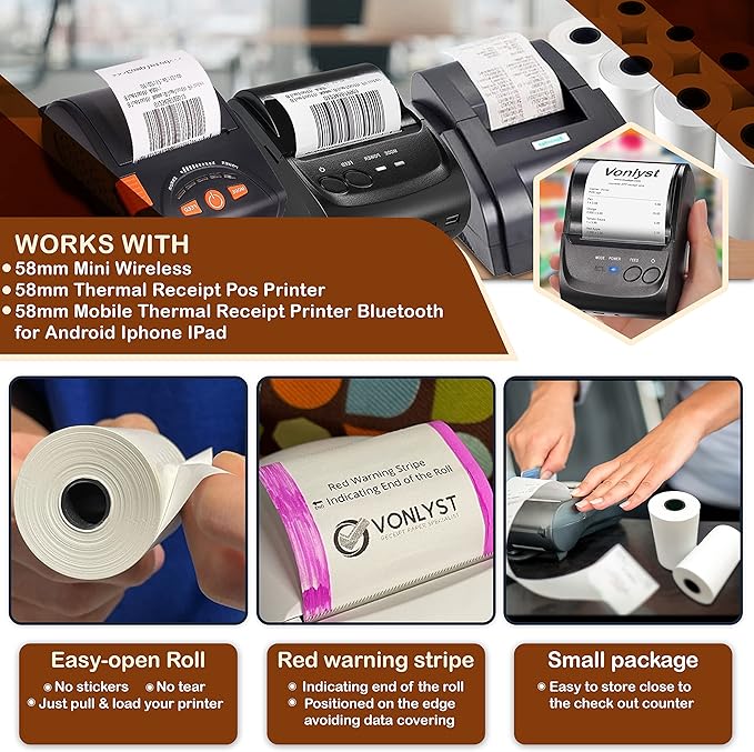 Vonlyst Receipt Paper Roll for 58mm Mobile Portable Thermal Printer (Pack 50 rolls)