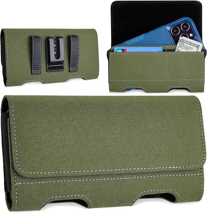 Mopaclle Nylon Phone Holster with Heavy Duty Metal Belt Clip and Card Holder, Compatible with iPhone 13/12 Mini, iPhone SE, iPhone 8/7/6S/6, and Galaxy S7/S6/S5 - Green