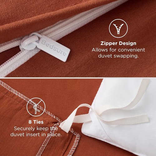 Bedsure Terracotta Duvet Cover Set - Extra Soft Prewashed Cotton-Like Bedding, Queen Size 90x90 Inches with Zipper Closure & 2 Pillow Shams