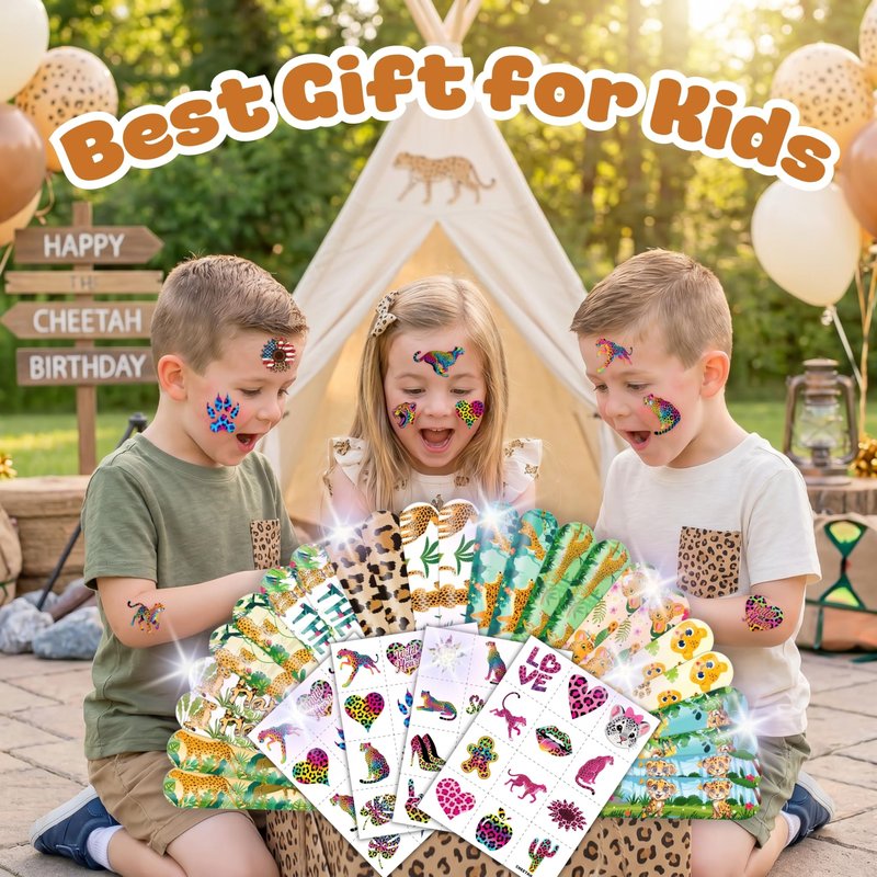 Cherisnowy 72 PCS Cheetah Party Favors 48PCS Tattoos Sticker and 24PCS Slap Bracelets Wristbands Perfect for Themed Birthday Baby Showers or Classroom Rewards Ideal Decor and Gifts for Girls and Boys