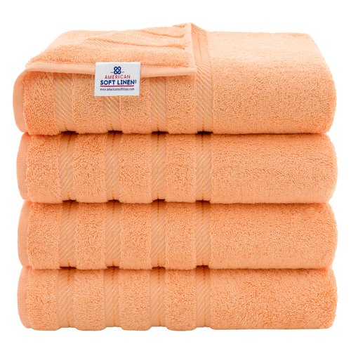 American Soft Linen Luxury 4 Piece Bath Towel Set, 600 GSM 100% Cotton Turkish Bath Towels for Bathroom, 27x54 in Extra Large Bathroom Shower Towels, Malibu Peach