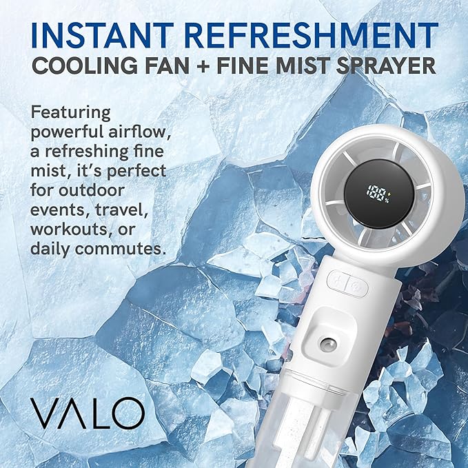 ValoInv Valo Portable Rechargeable Fan - Mini Cooling Fan for Travel, USB Desk Personal Fan with 100 Speeds, Water Cooling Technology, 50ml Tank, Quiet Operation, 2,000 mAh Battery - Arctic White