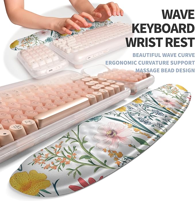 Gleamtide 2-in-1 Ergonomic Set, Wave Keyboard Wrist Rest and Massage Slope Mouse Pad Wrist Support, Rebound Memory Foam for Relieve Carpal Tunnel Syndrome and Wrist Pain (Pink Flowers)