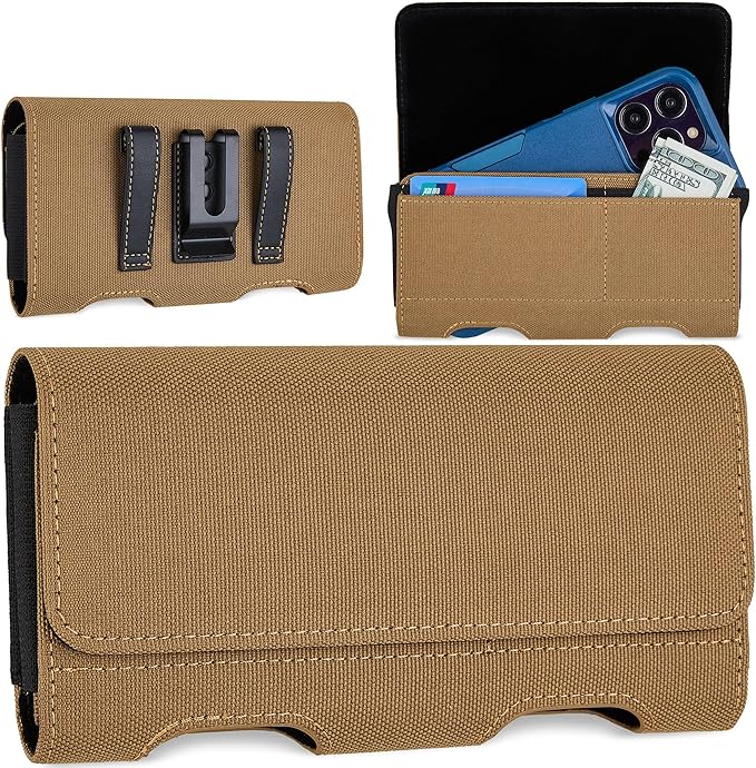 Mopaclle Nylon Phone Holster with Heavy Duty Metal Belt Clip and Card Holder, Compatible with Samsung Galaxy S26/S25/S24/S23/S22 Ultra, Note 20/10 Series, and A17/A17F/M17 Series - Khaki