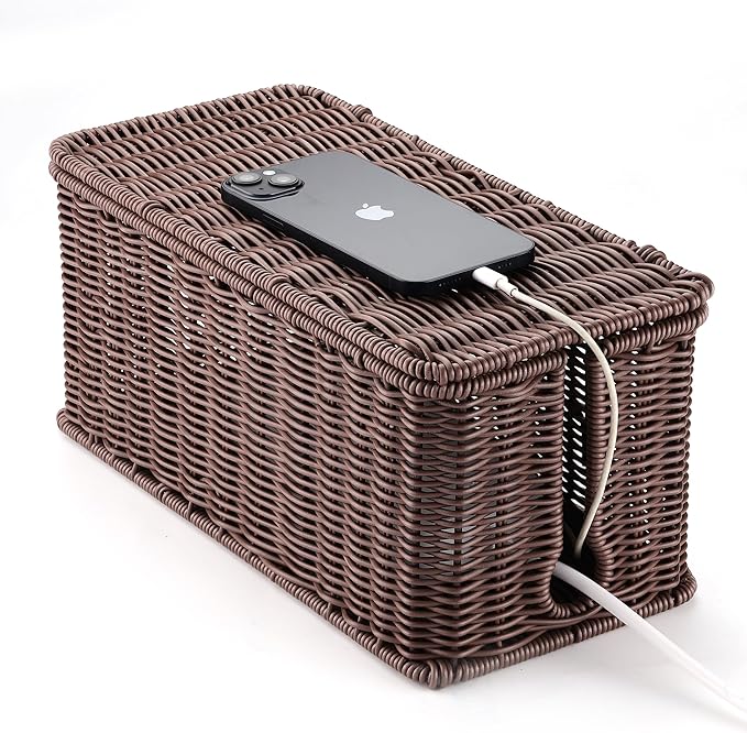 ZhiYo Rattan Cable Management Box, Dark Brown, 13.5" x 6.2" x 6"