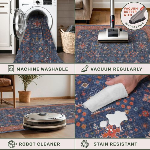 Hazo Haus Dark Blue & Terracotta 5x8 Area Rug - Machine Washable, Non-Slip, Stain Resistant for Living Room, Bedroom & Kitchen