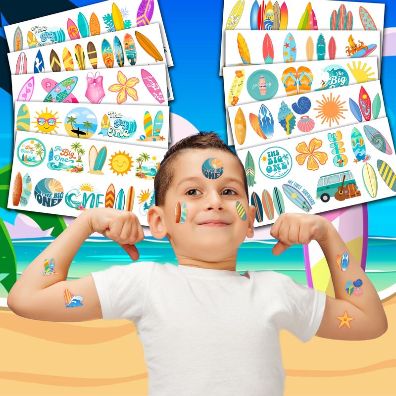 Cute Surfing Temporary Tattoos - The Big One Surf Birthday Party Favors & Supplies - Summer Beach Themed Stickers - 10 Sheets, 100 PCS Gifts for Kids Boys Girls