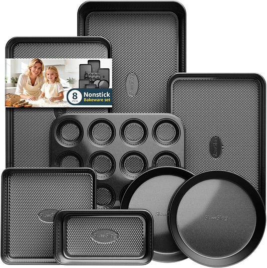 Skiennix Nonstick Baking Pans Set - 8-Piece Stackable Bakeware Set | Non-Toxic Oven Safe, Black