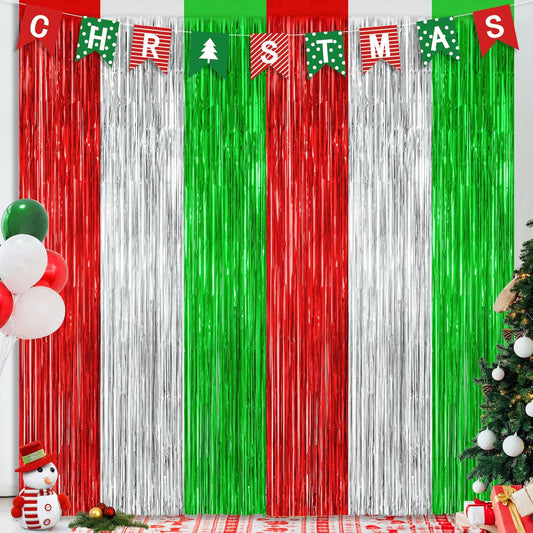 Regine Switzerland Christmas Backdrop - 2 Pack Metallic Red Silver Green Streamers | 3.28 FT x 7.05 FT Foil Tinsel Decor
