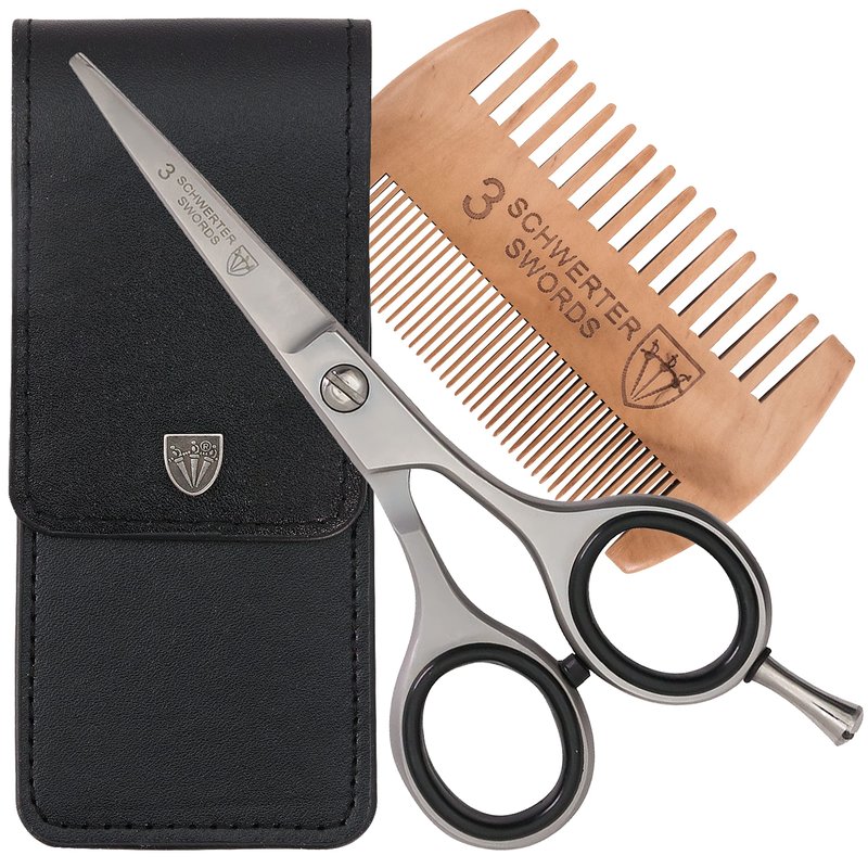 3 Swords Germany – professional BEARD MUSTACHE HAIR SCISSORS with BEARD COMB, stainless steel, straight blade, sharp, with black case