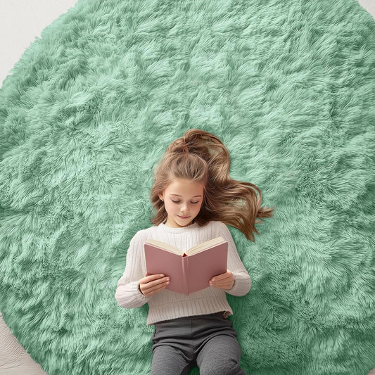 OLANLY Round Mint Green Area Rug - Soft & Fluffy 6 ft Machine Washable Carpet for Bedroom & Living Room Decor