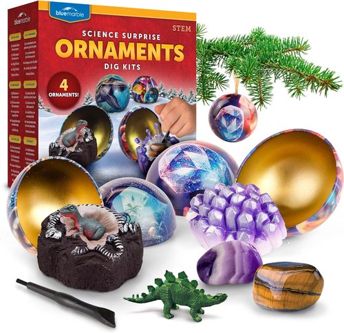 Blue Marble Science Christmas Ornament Kit - 4 Dinosaur Dig Kits with Gemstones & Bricks for Kids